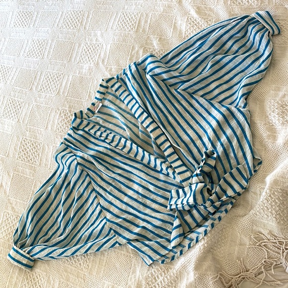 Free People UK Kimono Style Lightweight Cotton Blend Top Turquoise White Striped - Picture 3 of 6